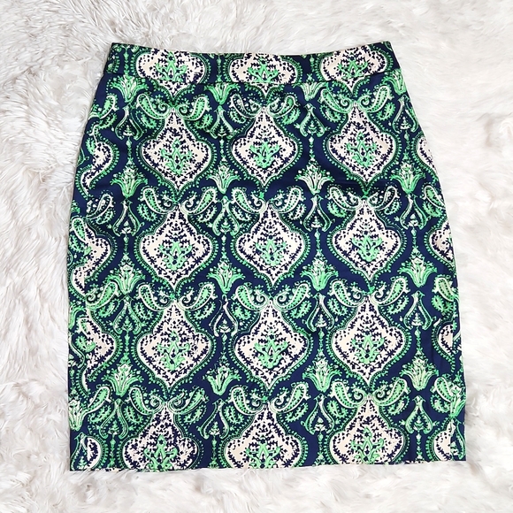 J. Crew no. 2 pencil skirt Paisley ornamental design in blue and green size 2 - Picture 2 of 9